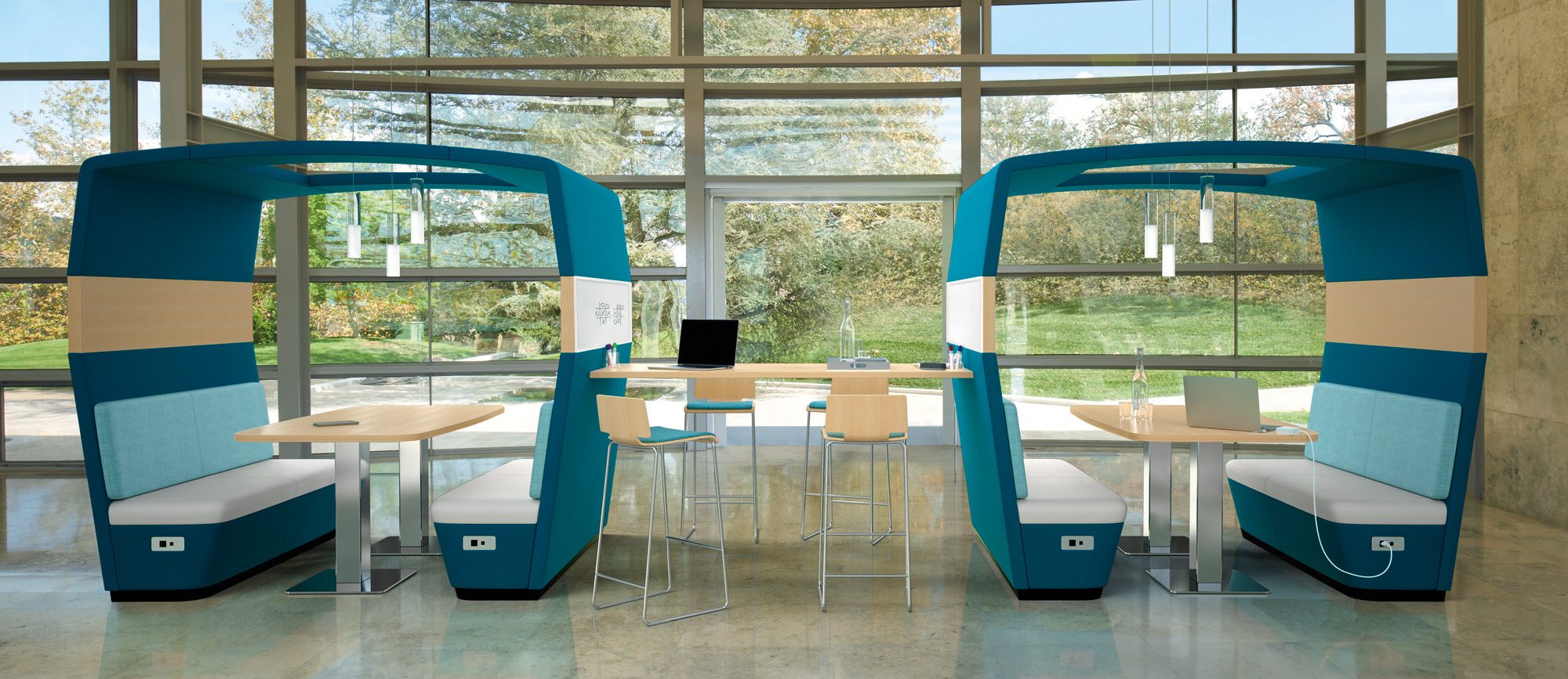 Co-op Love Seat Booths, Open Canopy, Linking Table & Arc Rectangle Tables