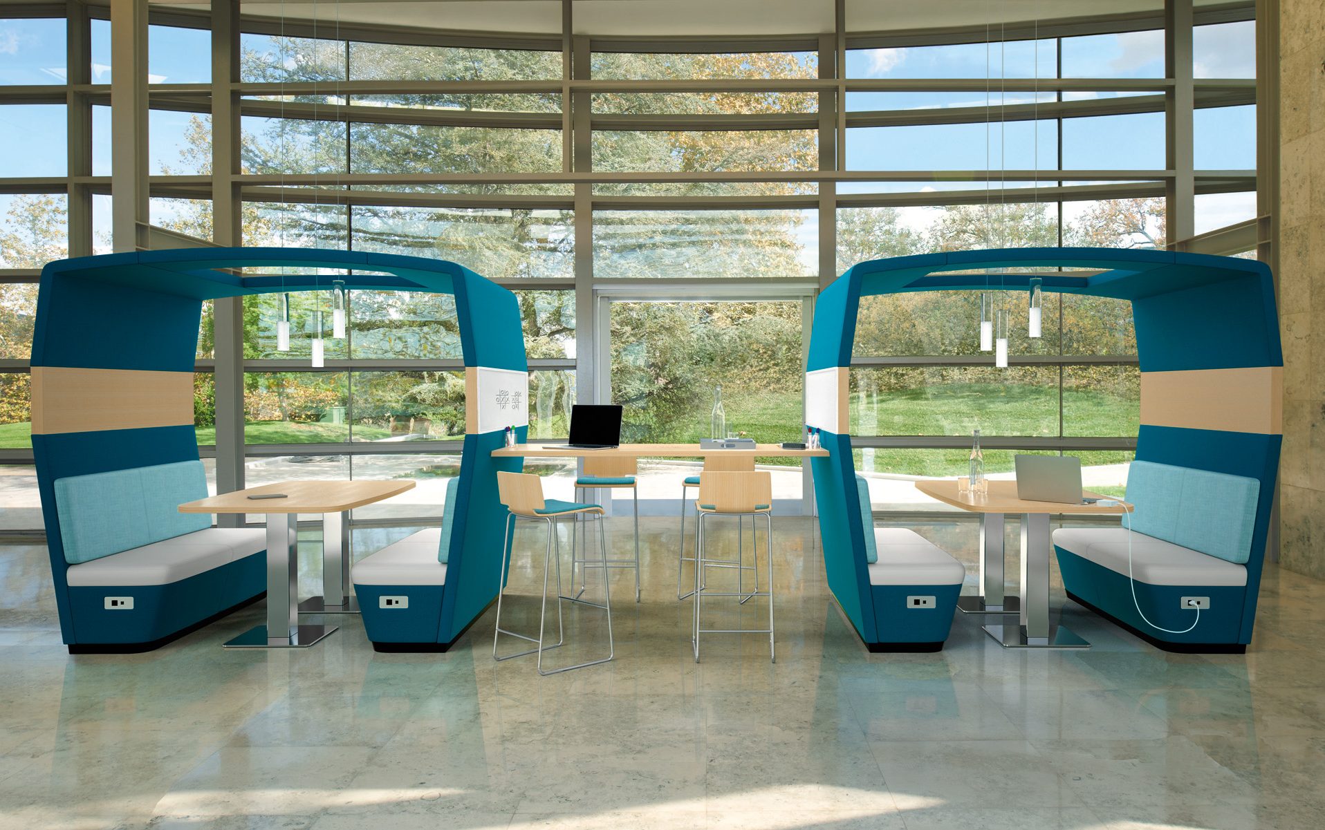 Co-op Love Seat Booths, Open Canopy, Linking Table & Arc Rectangle Tables