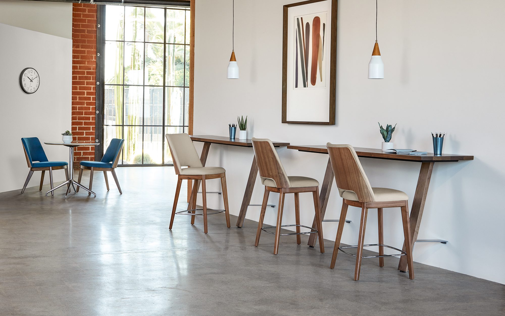 Theme Stools with Wall Mounted Delen Tables